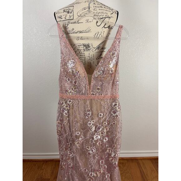 B58 Mac Duggal Gown Womens 8 Floral Mermaid Plunge Neck Garden Feminine Wedding - Picture 4 of 7